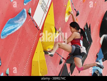 Charmonix, France. 12 juillet 2025. Wei Yali, de Chine, participe à la qualification de leader féminin de l'escalade sportive à la Coupe du monde d'escalade IFSC 2025 Speed-Lead à Charmonix, France, le 12 juillet 2025. Crédit : Gao Jing/Xinhua/Alamy Live News Banque D'Images