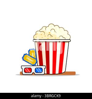 Movie Night traite Popcorn, billets et lunettes 3D Vector illustration Flat Design Illustration de Vecteur