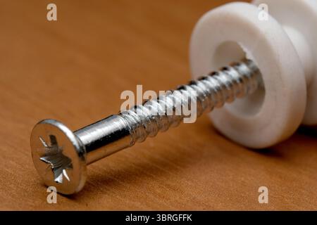 Vue rapprochée d'une vis métallique avec une entretoise blanche sur bois, montrant la texture. Banque D'Images