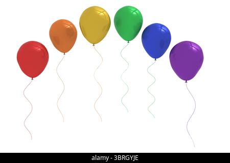 Six ballons flottant sur fond blanc dans un design plat avec des rubans bouclés et des couleurs arc-en-ciel Banque D'Images