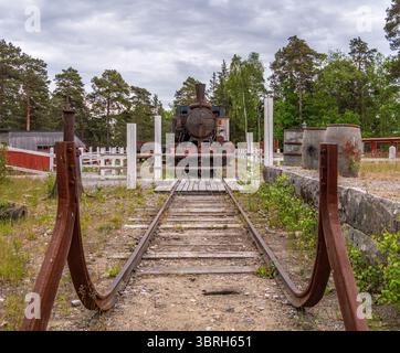 Sodertalje, Suède - 6 juin 2025 : une vieille locomotive à vapeur se trouve sur des voies abandonnées entourées de végétation envahie par la végétation et les arbres, évoquant un sentiment de n Banque D'Images