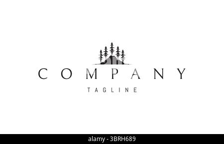 Un logo vectoriel avec une image abstraite des montagnes avec des pins poussant le long de leurs pentes, combinant la nature accidentée avec la simplicité géométrique. Illustration de Vecteur