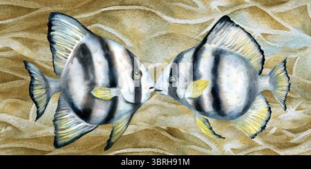 Bordure de poissons tropicaux rayés noir-blanc, coraux beiges, sable de mer. Modèle d'illustration aquarelle de paysage marin dans les tons beiges isolé sur bac blanc Banque D'Images