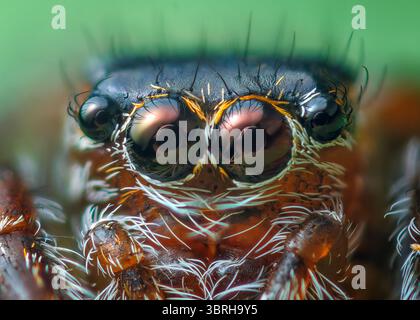Yeux d'araignée sautant, gros plan portrait de l'araignée sautant - Evarcha falcata Banque D'Images