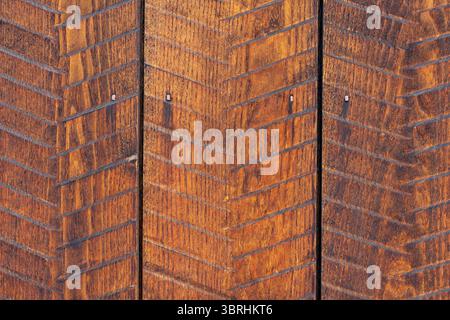 Trois panneaux de bois rustique brun clair avec motif à chevrons incrusté, clous visibles et différentes nuances de grain de bois altéré complexe. Banque D'Images