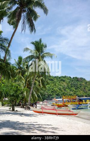 Bateaux philippins traditionnels colorés et cocotiers sur une plage animée de Palawan, Philippines entouré de cocotiers balançant et de la mer tropicale Banque D'Images