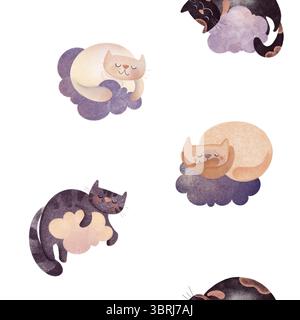 Illustration numérique dessinée à la main de chats mignons dormant sur des nuages de différentes couleurs. Texture aquarelle, parfaite pour les livres pour enfants, l'art de la pépinière, ou g. Banque D'Images