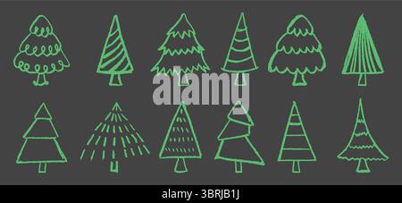 Ensemble d'arbre d'épicéa doodle de Noël dessiné par des enfants avec de la cire verte sur tableau noir. Idéal pour les projets scolaires pour enfants. Vecteur de style maternelle avec Illustration de Vecteur