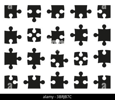 Ensemble d'icône de puzzle de pièces minimalistes noires. Pièces de puzzle modèle simple de silhouette. Maquette de puzzle pour illustrations conceptuelles. Puzzle Illustration de Vecteur