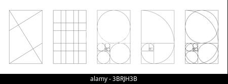 Cadres au nombre d'or. Tableau de Fibonacci, nombres. Méthode modèle de section dorée. Grille des proportions Harmony. Illustration de contour. Illustration de Vecteur