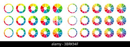 Graphiques donut, secteurs segmentés sur 7, 8, 9, 10, 11, 12 parts égales. Roue divisée en sections. Ensemble de diagrammes infographiques multicolores. Section de cercle Illustration de Vecteur