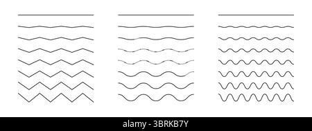 Ensemble minimaliste de lignes ondulées, sinueuses et zigzag. Bordures ondulées simples, lignes noires horizontales transversales. Eau, rivière, lac, mer, symbole de l'océan. Sinus Illustration de Vecteur