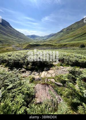 Stries sur un rocher à la tête de Mickleden, Langdale dans le Lake District, une vallée glaciaire classique en forme de U avec des collines morainiques, regardant vers le sud-est Banque D'Images
