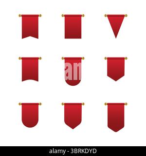 Ensemble de drapeau Pennant rouge avec tige dorée - rouleau rouge ou rubans Illustration de Vecteur