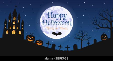 Joyeux Halloween. Trick or Treat. Texte sur fond sinistre avec cimetière, maison fantôme et citrouilles avec pleine lune Illustration de Vecteur