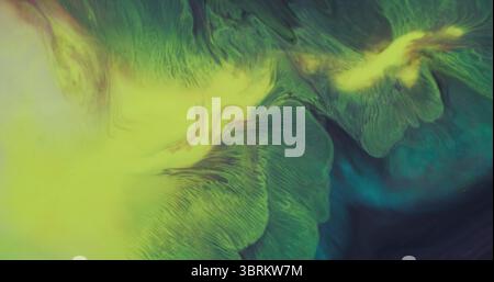 Éclaboussures d'encre. Texture goutte à goutte. Taches de flux chimique d'éclaboussure d'eau de couleur jaune bleu défocalisé se propageant sur fond créatif abstrait. Banque D'Images