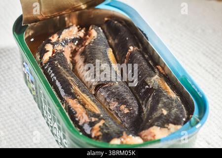 Une boîte ouverte (boîte) de sardines du Pacifique avec la peau dessus. Banque D'Images
