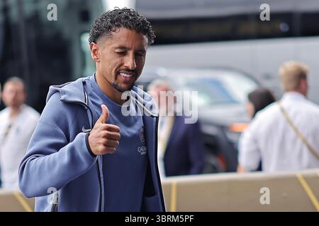East Rutherford, États-Unis. 12 juillet 2025. Marquinhos, du PSG, arrive au stade avant le match entre le Chelsea FC et le PSG pour la finale de la Coupe du monde des clubs de la FIFA 2025, au MetLife Stadium à East Rutherford, États-Unis, le 12 juillet 2025. Photo : Heuler Andrey/DiaEsportivo/Alamy Live News crédit : DiaEsportivo/Alamy Live News Banque D'Images