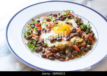 Oeuf frit sur pain grillé de blé entier tartiné à l'avocat et servi avec des haricots noirs et de la salsa de tomates sur une assiette bordée bleue. Un petit déjeuner spécial santé Banque D'Images