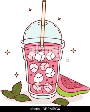 Boisson de goyave rose avec beaucoup de glaçons dans une tasse claire et des tranches de fruits tropicaux. Cocktail rafraîchissant d'été avec paille et menthe. Mélange d'illustrations vectorielles Illustration de Vecteur