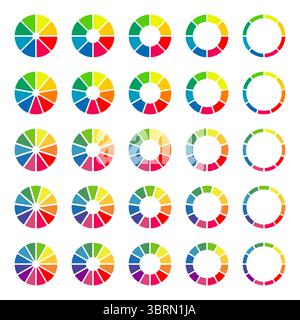 Graphiques en donut, tartes segmentées sur 8, 9, 10, 11, 12 parts égales. Roues divisées en sections. Diagrammes infographie ensemble multicolore. Section de cercle Illustration de Vecteur