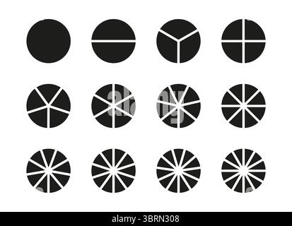 Modèle de graphique circulaire. Schéma des pièces de roue de 1 à 12. Les secteurs divisent le cercle sur des parties égales. Encadrement vide. Graphismes minimalistes noirs. Jeu de Illustration de Vecteur