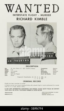 La série télévisée Fugitive (1963-1967) créée par Walter Grauman et mettant en vedette David Janssen dans le rôle du Dr Richard Kimble, injustement reconnu coupable et condamné à mort pour le meurtre de sa femme, un crime qu'il n'a pas commis. Après un accident de train en route vers son exécution, Kimble s'échappe et devient un fugitif, poursuivi sans relâche par le lieutenant Philip Gerard alors qu'il cherche le vrai tueur, un mystérieux homme à un seul bras. Photographie d'un accessoire original d'affiche fugitive du FBI utilisé tout au long de la série POUR USAGE ÉDITORIAL UNIQUEMENT. Crédit : BFA / American Broadcasting Company Banque D'Images