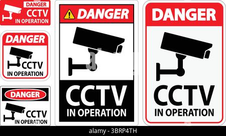 Jeu de quatre panneaux d'avertissement indiquant que les caméras de vidéosurveillance sont en fonctionnement, conçu pour sensibiliser à la sécurité et à la sûreté dans les espaces publics ou privés. Illustration de Vecteur