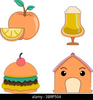 Un ensemble vectoriel coloré d'icônes de style de bande dessinée avec une pêche avec une tranche, un verre de bière, un hamburger empilé avec une cerise, et une maison mignonne avec un f Illustration de Vecteur