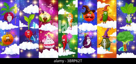Dessins animés Halloween mages, magicien et sorcière collage de personnages de légumes. Vector wiz veggies personnages sorciers. Betterave, citrouille, radis et chou-fleur, ail, carotte ou piment avec tomate Illustration de Vecteur
