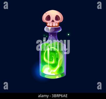 Bouteille de potion magique de sorcière, élixir d'Halloween ou poison avec élixir de mort. Le flacon en verre magique de vecteur de dessin animé brille avec un liquide vert étrange, jetant une aura magique et le capuchon de crâne ajoute danger et mystère Illustration de Vecteur