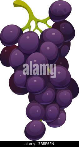Bouquet de raisins brillants et violets profonds suspendus à une tige verte vibrante. Vecteur de dessin animé fruit mûr, joyeux Thanksgiving vacances et symbole de récolte d'automne, souligne la fraîcheur naturelle, la santé et la cave Illustration de Vecteur