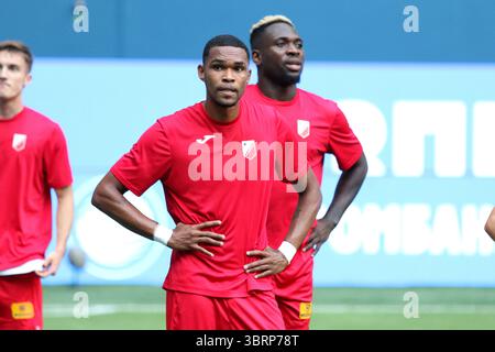 Saint-Pétersbourg, Russie. 13 juillet 2025. Lucas Barros da Cunha, connu sous le nom de Lucas Barros (23 ans) de Voïvodine vu lors de la Winline, Super session, match de football amical entre Zenit Saint-Pétersbourg et Voïvodine, Novi Sad, Serbie à Gazprom Arena. Score final ; Zenit 7 :1 Voïvodine. (Photo de Maksim Konstantinov/SOPA images/SIPA USA) crédit : SIPA USA/Alamy Live News Banque D'Images