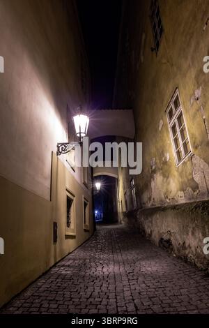 Conception plate montrant une allée pavée incandescente par des lanternes et des arches encadrant des fenêtres formant tunnel Banque D'Images
