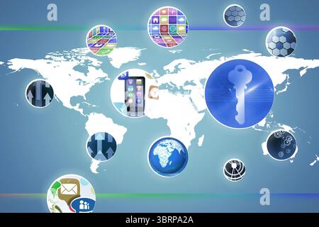 Design plat stylisé illustrant la connectivité mondiale avec icône clé, smartphone, globe Banque D'Images