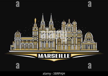 Illustration vectorielle de Marseille, carte horizontale sombre avec design linéaire célèbre paysage de ville de marseille sur fond de ciel nocturne, ligne urbaine art conc Illustration de Vecteur