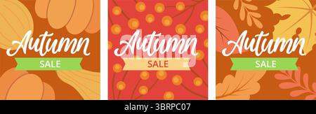 Un ensemble de cartes de soldes d'automne vibrantes avec des motifs colorés représentant des citrouilles, des baies et des feuilles d'automne, parfait pour les promotions saisonnières. Soldes d'automne Illustration de Vecteur
