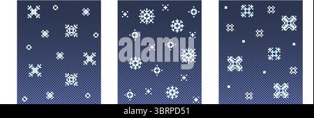 Flocons de neige de pixel blanc tombant sur fond dégradé bleu foncé - motifs de 8 bits avec des carrés formant des étoiles, des croix et des cristaux. Scènes de jeu d'hiver rétro pour vacances numériques ou cartes saisonnières. Illustration de Vecteur