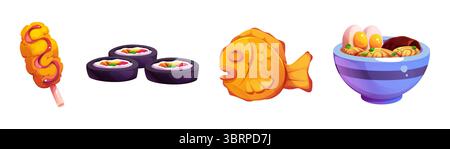 Collection de dessins animés alimentaires coréens - Corndog doré avec sauce, rouleaux de kimbap noir remplis de légumes, pâte de poisson taiyaki orange et bol de nouilles ramen avec oeuf pour les icônes mignonnes du menu du restaurant. Illustration de Vecteur