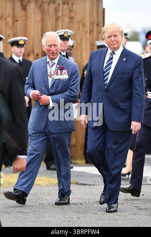 Photo datée du 05/06/19 du prince de Galles et du président américain Donald Trump lors des commémorations du 75e anniversaire du débarquement du jour J à Southsea Common, Portsmouth. Donald Trump sera accueilli par le roi et la reine au château de Windsor lors de sa deuxième visite d’État sans précédent au Royaume-Uni en septembre. Date d'émission : lundi 14 juillet 2025. Banque D'Images