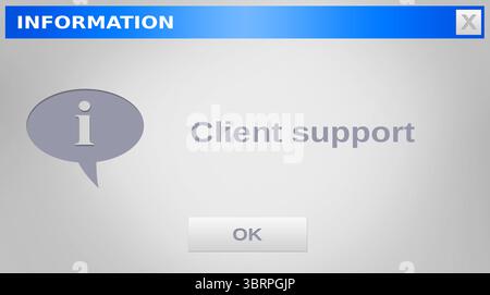 La boîte de dialogue affiche la barre de titre bleue plate X info icon client support text bouton OK Banque D'Images