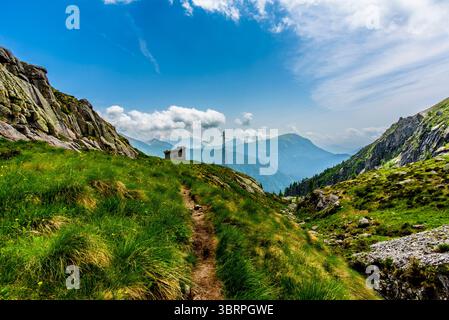 Cabane alpine abandonnée et semi-détruite parmi les prairies de pâturage et les sommets de granit du Lagorai à trente en Italie Banque D'Images