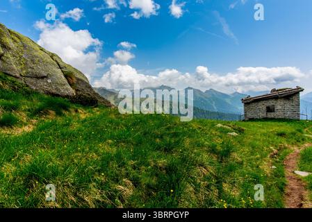 Cabane alpine abandonnée et semi-détruite parmi les prairies de pâturage et les sommets de granit du Lagorai à trente en Italie Banque D'Images