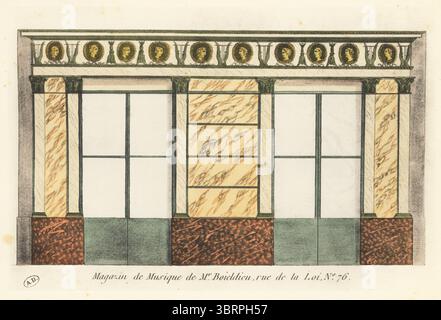 Façade du magasin de musique Mr Boieldieu, Paris. Au-dessus des portes vitrées, une frise avec des harpes et des portraits de compositeurs de musique célèbres. Boieldieu est le père de François-Adrien Boieldieu, compositeur de la dame blanche et d'autres opéras. Magasin de musique de M. Boieldieu, 76 rue de la Loi. Lithographie pochoir (pochoir) colorée à la main d’après une gravure de Jean-Marie Mixelle des boutiques Parisiennes du premier Empire d’Hector Lefuel, magasins parisiens du premier Empire, Morance, Paris, 1925. Banque D'Images