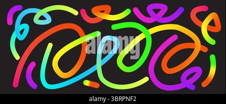 Lignes de dégradé colorées définies. Motif de formes abstraites ondulées. Rubans arc-en-ciel gribouille. Tourbillons multicolores vectoriels. Traits de gradations de carnaval. Créatif Illustration de Vecteur