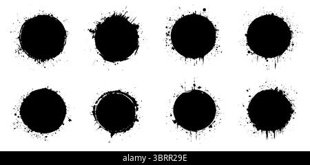 Ensemble de coups de pinceau circulaires grunge et textures d'encre en noir et blanc isolé sur fond blanc parfait pour les cadres abstraits bordures et artistiques Illustration de Vecteur