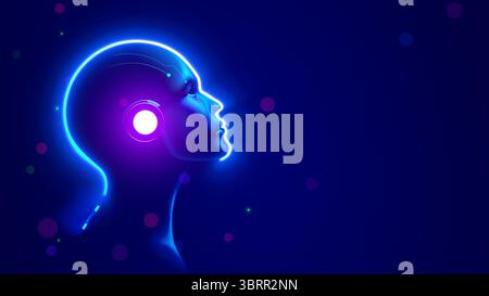 AI. AGI. Intelligence artificielle dans le visage humain ou concept de tête. Silhouette fluo brillante de la tête d'une Intelligence artificielle sage ou agi sur un bleu Illustration de Vecteur