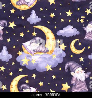 Gnomes mignons dormant sur le croissant de lune dans le nuage avec des étoiles aquarelle motif sans couture pour la conception des enfants. Elfs d'illustration dessinés à la main de rêves de fées Banque D'Images