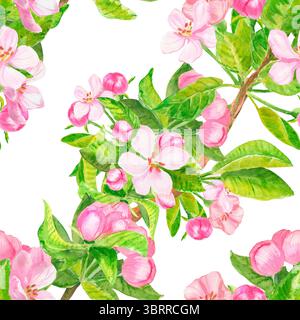 Fleur rose. Modèle sans couture avec fleur de printemps florissante. Abricot, cerise, poire, amande, pomme, pêche. Fleurs, feuilles et bourgeons à l'aquarelle dessinés à la main Banque D'Images