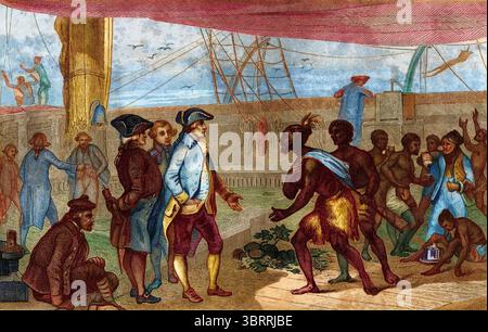 Réception par le Capitaine James Cook à bord du navire résolution des naturals du Détroit de la Reine Charlotte Nouvelle-Zélande - gravure de : « Nouvelle Bibliothèque des voyages anciens et modernes » 1844 Banque D'Images